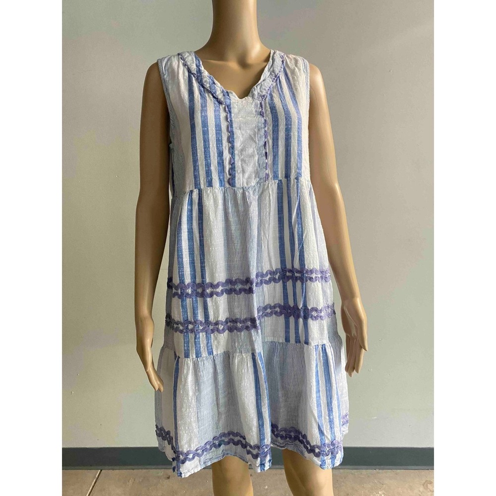 PRETTY PINK Blue White Striped Tiered Babydoll Dress Large Cotton Lace Trim